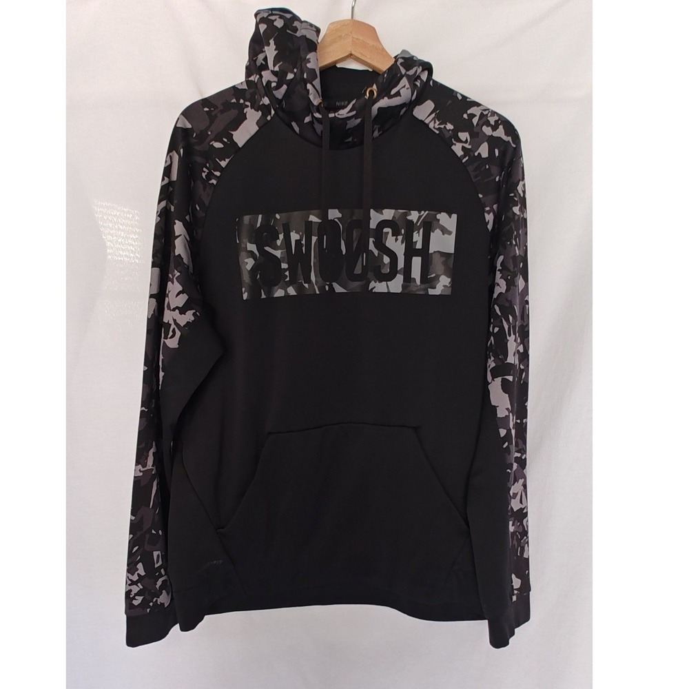 Nike Therma-FIT Hoodie Black Camo Swoosh Graphic Sweatshirt Large 811897-010